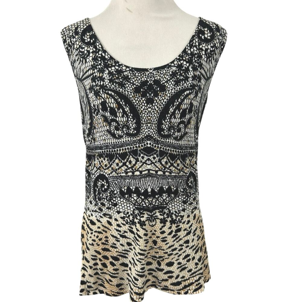 Alberto Makali Large Mixed Animal Lace Print Knit Tunic Top Stretch Sleeveless